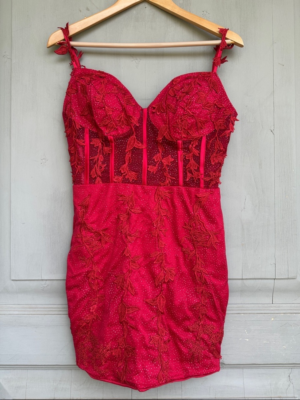 Red Embellished Lace Bustier Mini Dress